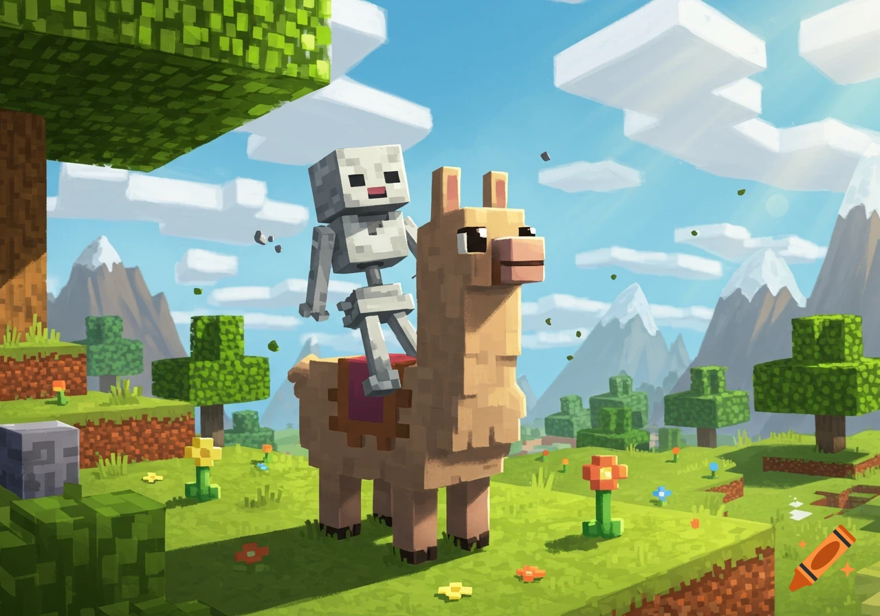 A blocky Minecraft skeleton rides a llama through a bright green landscape with blocky trees, flowers, and distant snow-capped mountains under a blue sky.