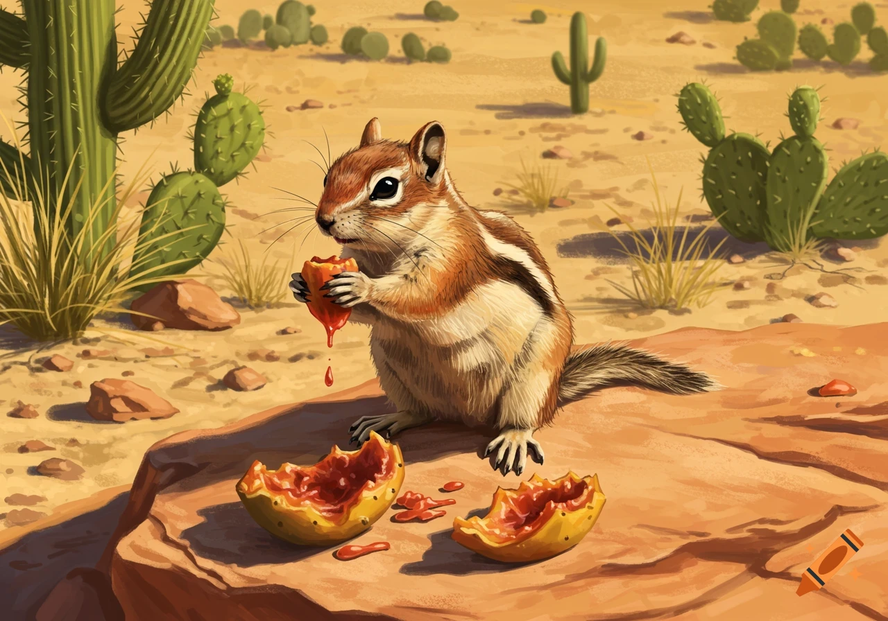 A chipmunk eats a red fruit, juice dripping, on a rock in a sunny desert with cacti and dry grasses.
