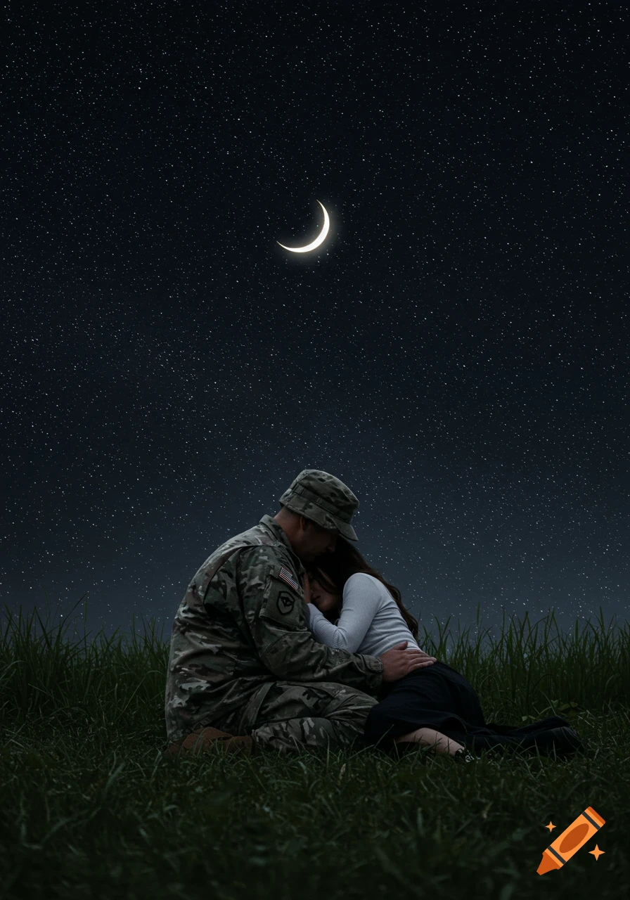 A soldier in uniform cuddles with a woman on a grassy field under a starry night sky with a crescent moon.
