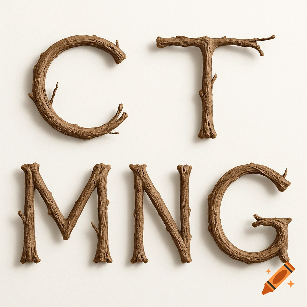Brown twig letters C, T, M, N, G on a white background.