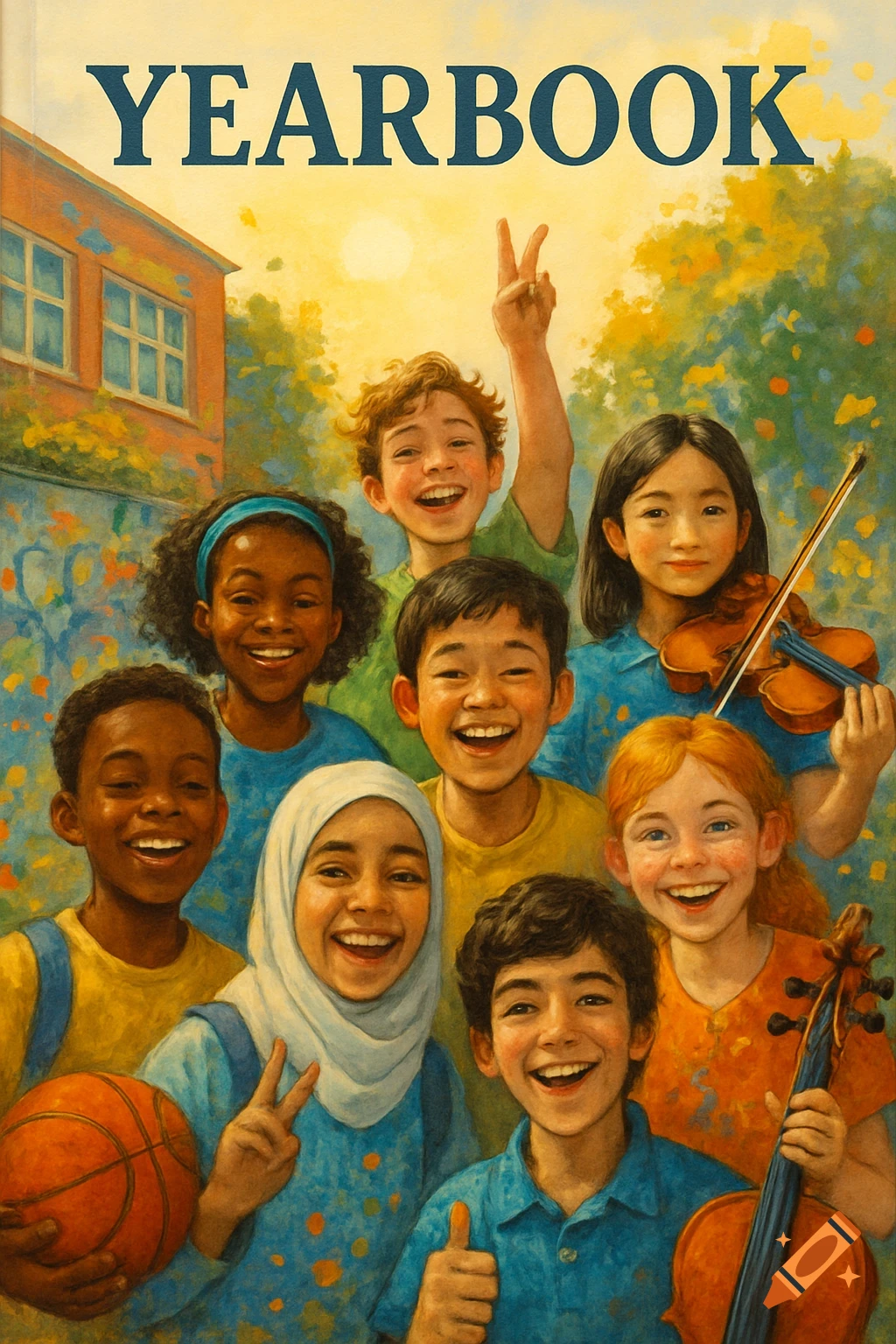 A vibrant, painterly illustration of a diverse group of smiling children with school items under a 'YEARBOOK' title.