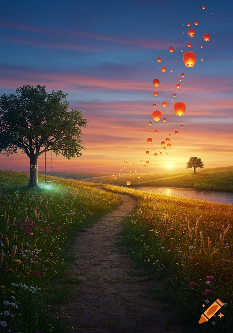 A winding path through a vibrant green field with wildflowers at sunset. A tree with a glowing heart and a swing stands nearby as numerous sky lanterns ascend into the colorful sky above a river.