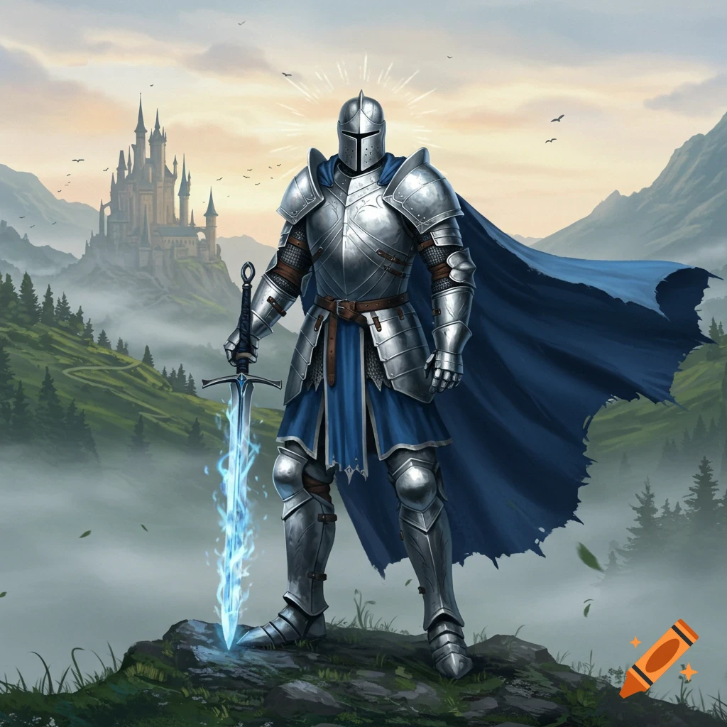 A knight in shining armor with a blue cape stands on a rock, holding a glowing blue sword, with a distant castle and mountains under a cloudy sky.
