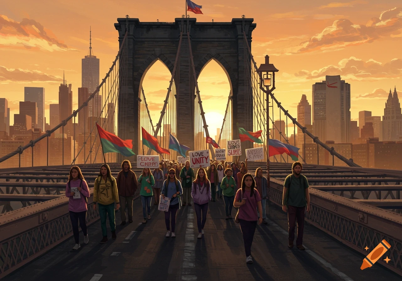 Digital painting of peace protesters marching across the Brooklyn Bridge at sunset, holding signs and flags.