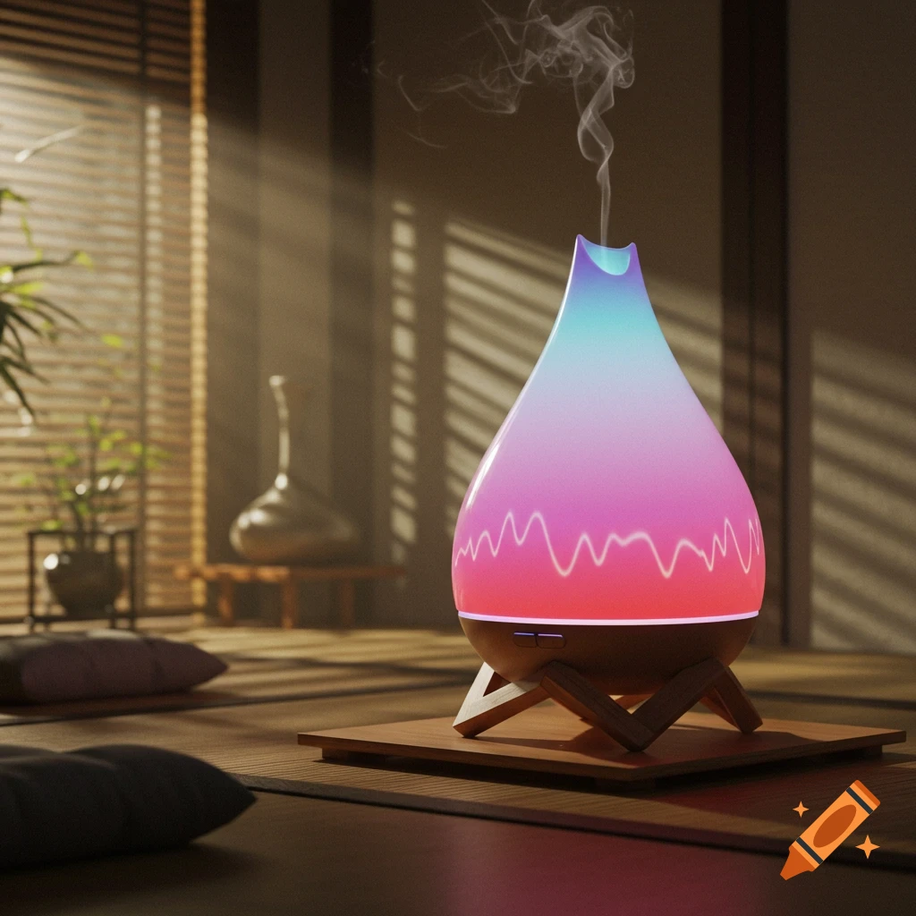 A colorful, glowing air diffuser emits smoke in a dimly lit, cozy room with window blinds and floor cushions.