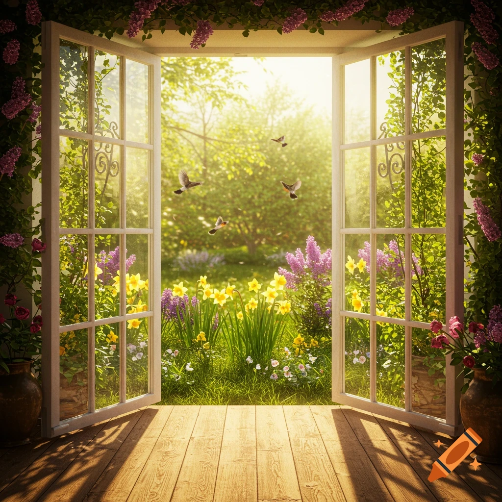 A serene view through an open window of a vibrant, sunlit spring garden filled with colorful flowers and small birds in flight.