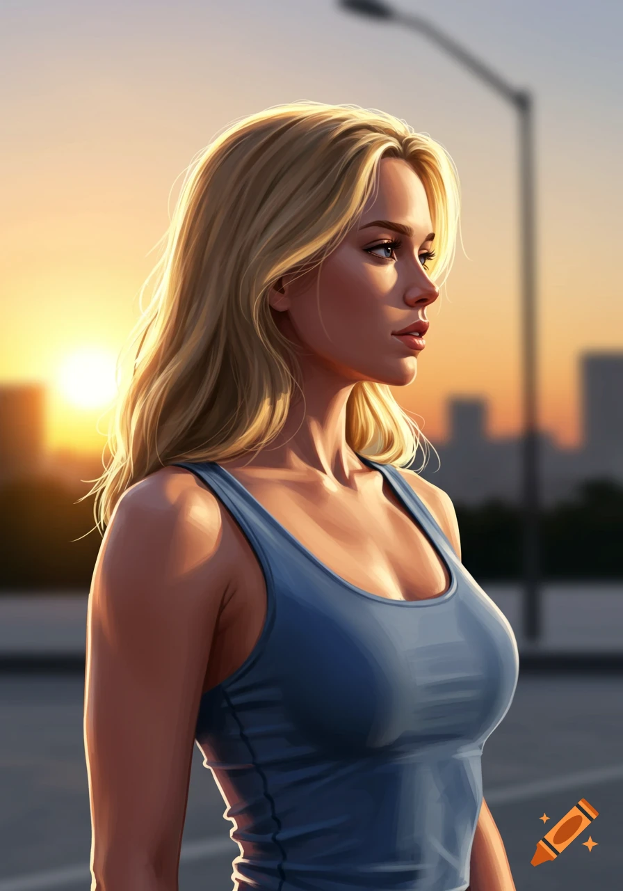Digital illustration of a blonde woman in a blue tank top looking right, with a sunset and city silhouette in the background.