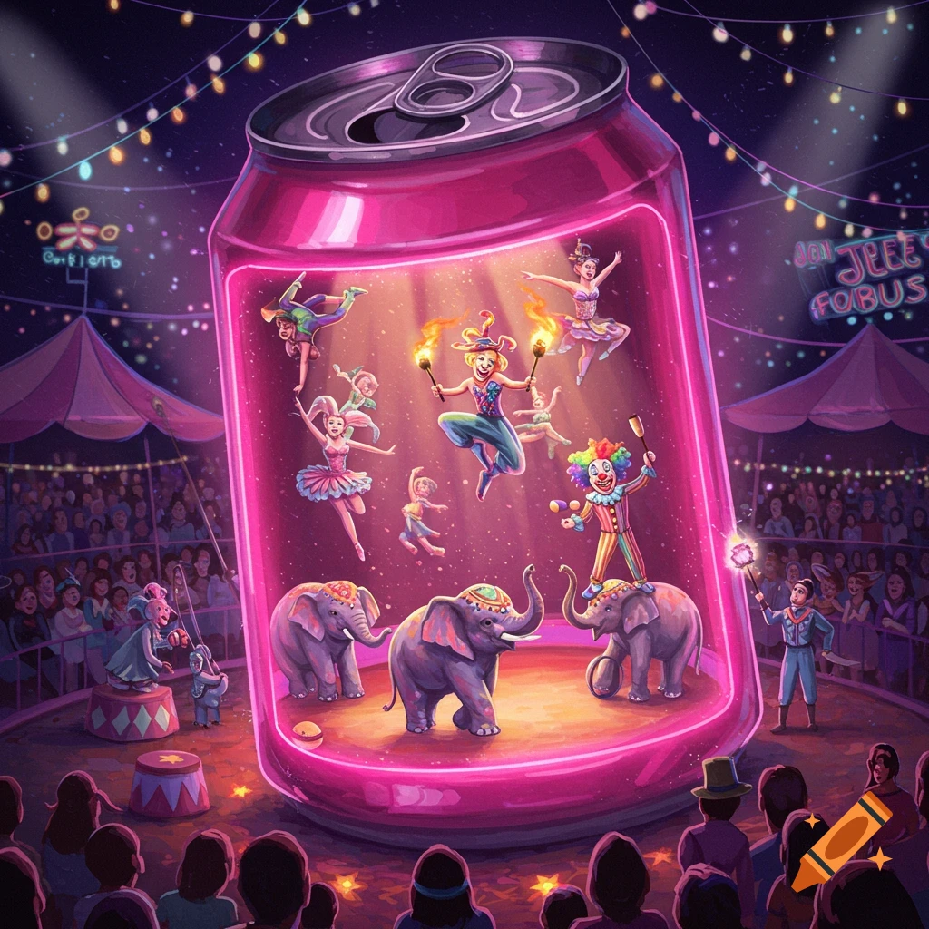 A whimsical illustration of a vibrant circus performance occurring inside and around a giant, glowing hot pink soda can.