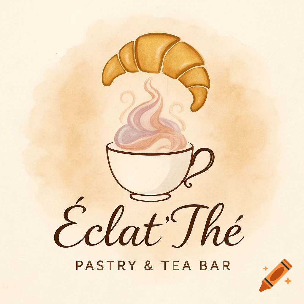 Watercolor logo for Eclat'Thé pastry and tea bar, featuring a croissant over a teacup with steam.