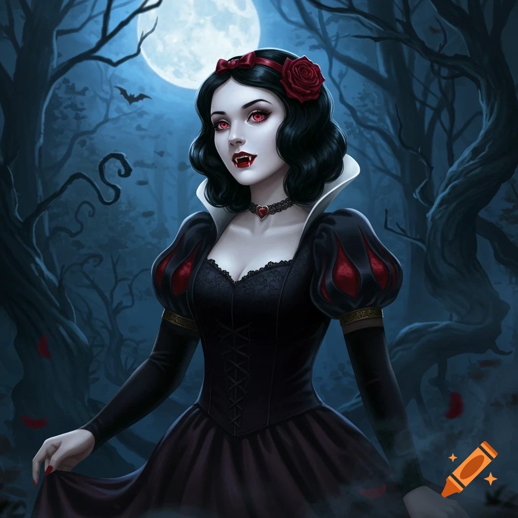 A pale-skinned vampire with red eyes and fangs, dressed as Snow White in a dark forest under a full moon.