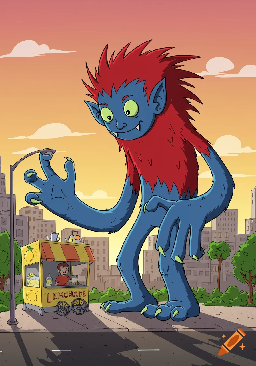 A giant blue cartoon monster with red spiky hair looks down at a lemonade stand in a city at sunset.
