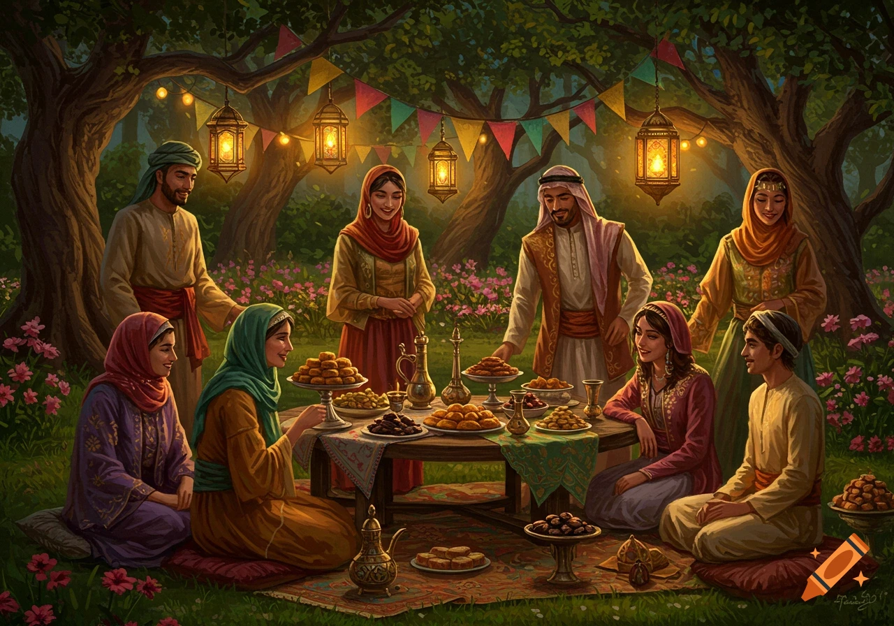 A festive outdoor gathering with people in traditional clothing seated around a table laden with desserts, under trees adorned with lanterns and banners.