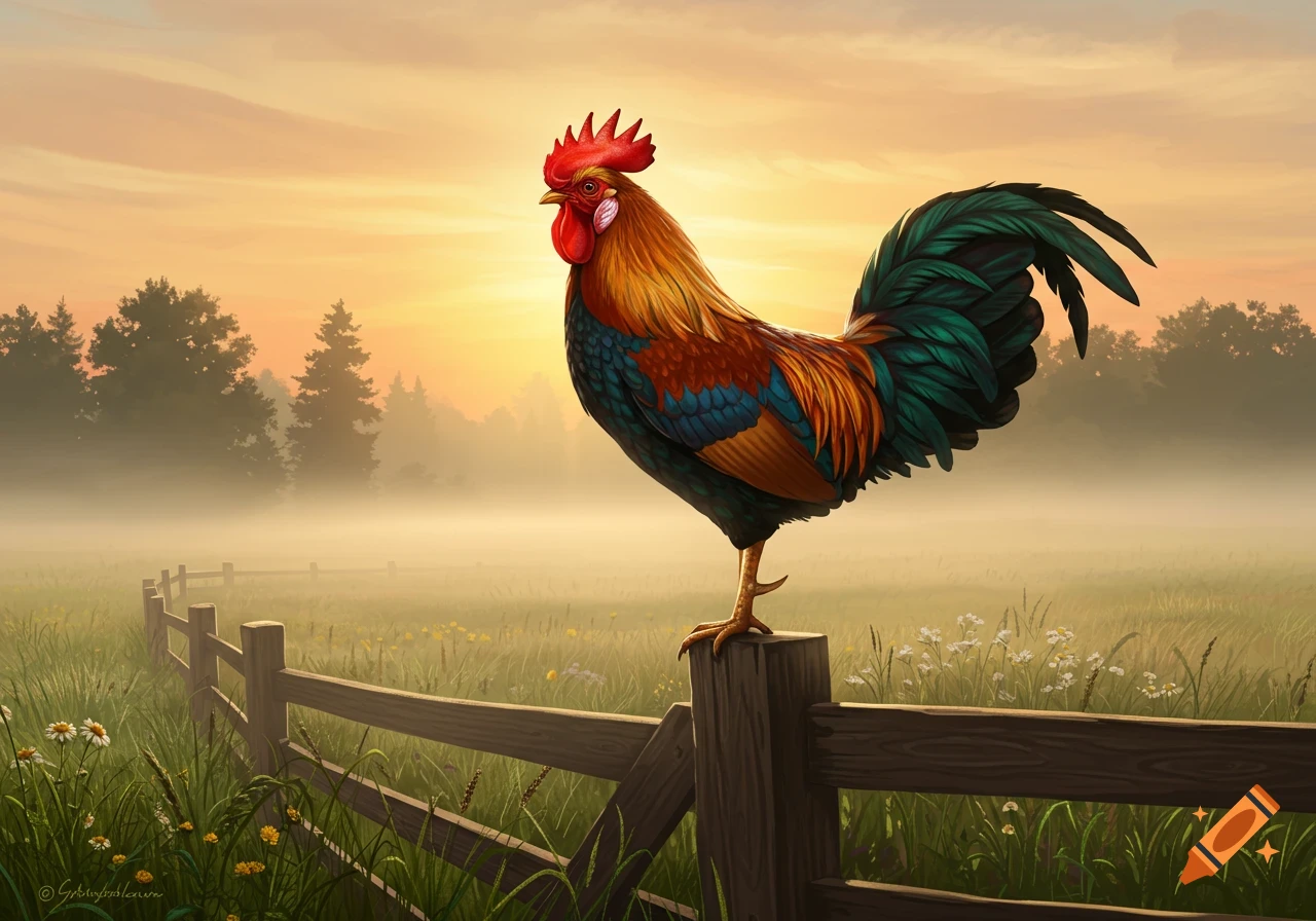 A vibrant rooster with colorful feathers stands on a wooden fence post in a misty field at sunrise.