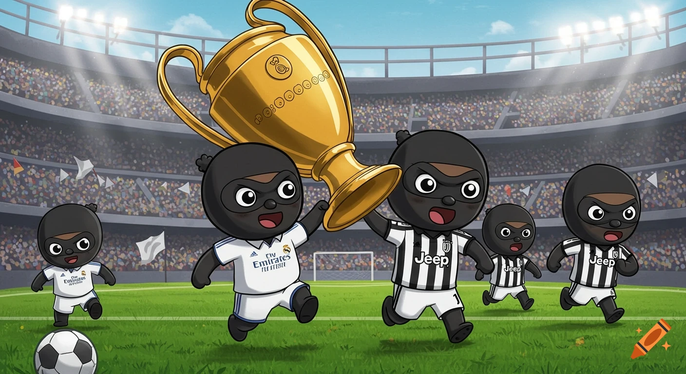 Cartoon soccer players, some in Real Madrid and some in Juventus jerseys, chase each other on a field, holding a golden trophy.