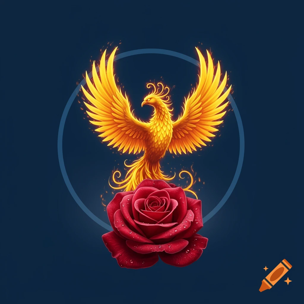 A golden phoenix with fiery wings rises above a vibrant red rose, both centered within a subtle blue circle on a dark blue background.