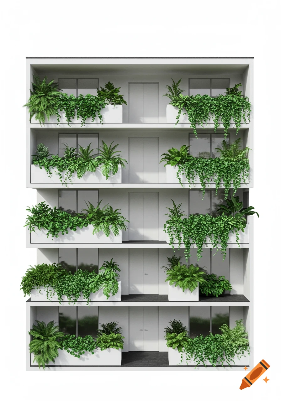 A minimalist white building facade with five floors of balconies, each filled with lush green plants overflowing from white planter boxes.