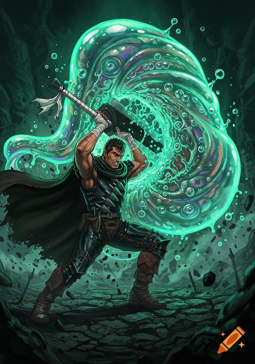 Muscular Guts from Berserk battles a giant, bubbling green slime monster with his massive sword in a dark fantasy illustration.