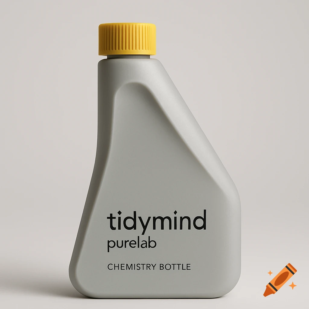 A light gray, abstract-shaped chemistry bottle with a ribbed yellow cap, labeled "tidymind purelab CHEMISTRY BOTTLE" in a studio photograph.