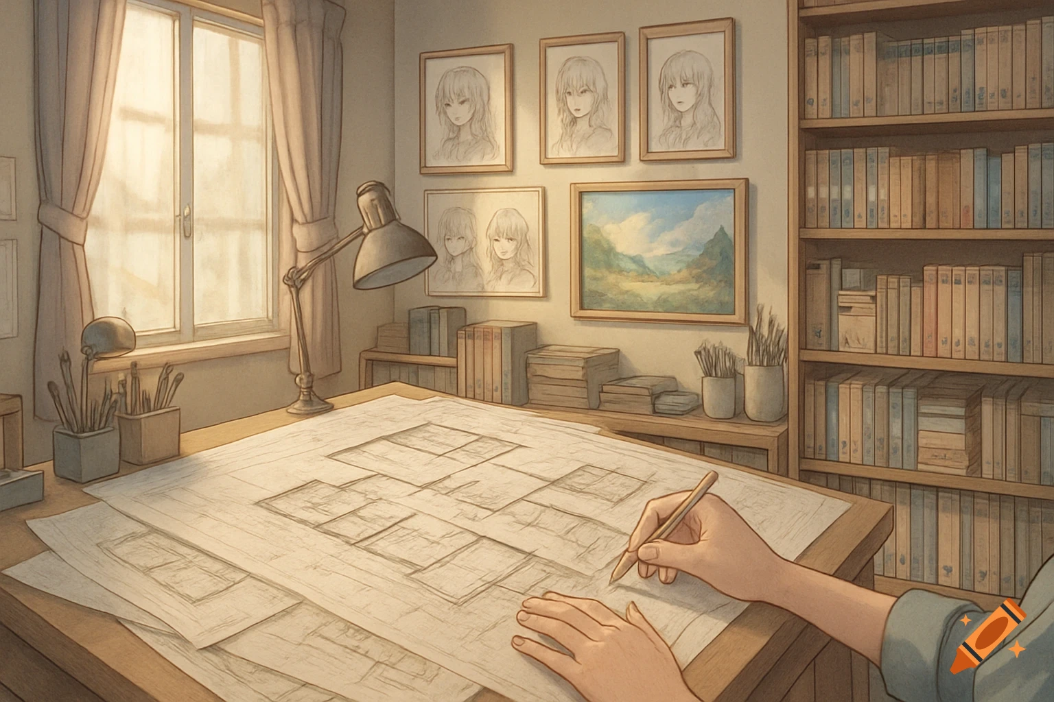Anime-style illustration of a person drawing architectural plans at a desk in a sunlit study room with bookshelves.