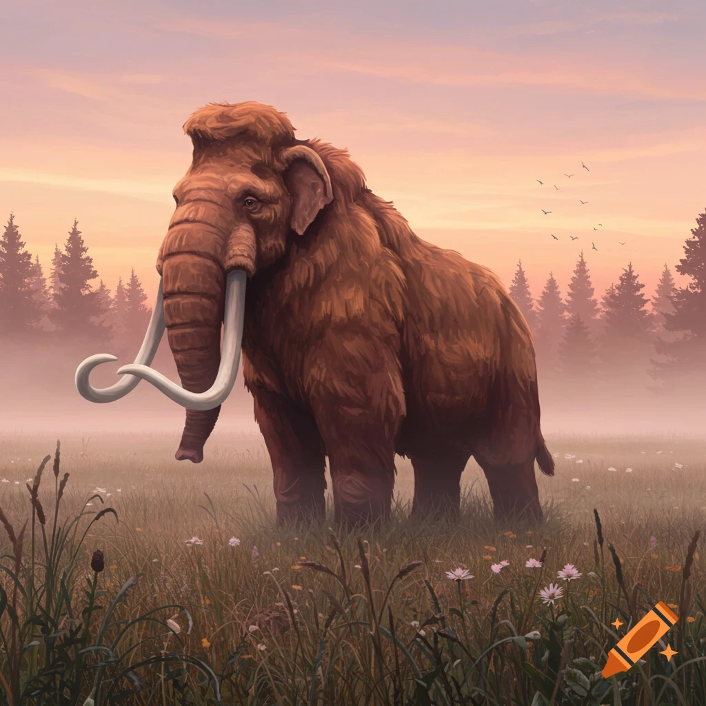 A woolly mammoth stands in a grassy field with small flowers, under a misty pink and orange sunset sky with evergreen trees in the background. Birds fly in the distance.