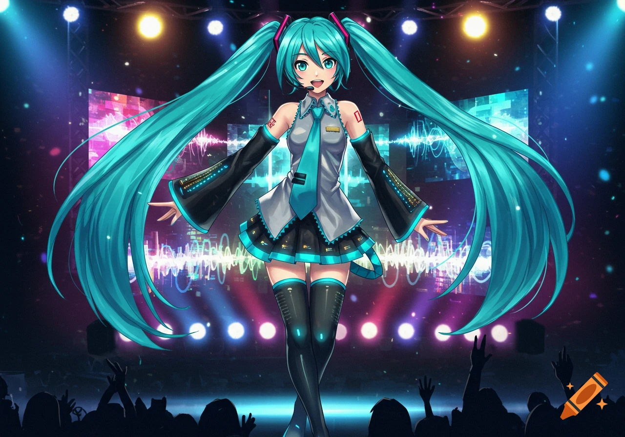Hatsune Miku, an anime character with long turquoise pigtails, smiles on a vibrant concert stage with colorful lights and a silhouetted crowd.