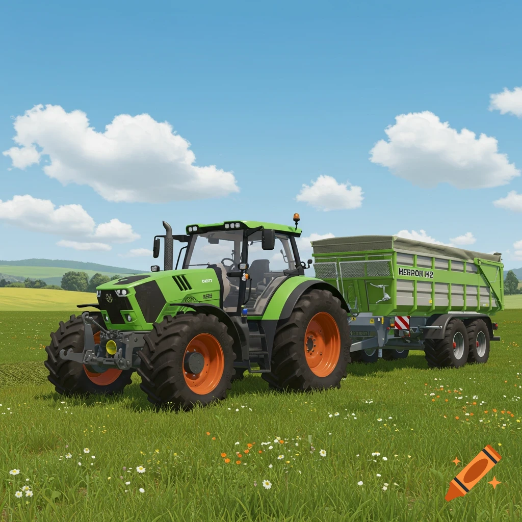 A green Deutz 6165 tractor with an orange wheel rim is hitched to a green Herron H2 trailer in a sunny grassy field.