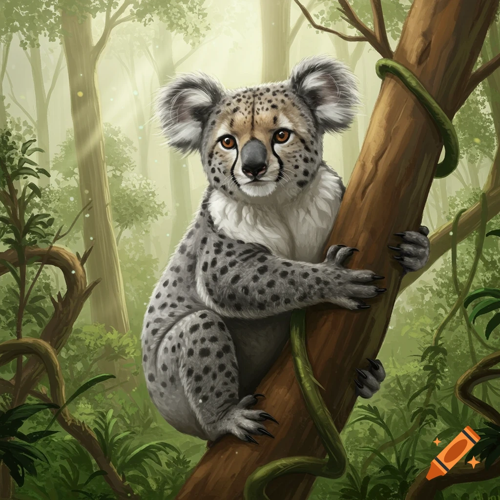A fluffy koala-cheetah hybrid with spots on gray fur climbs a tree in a misty green forest.