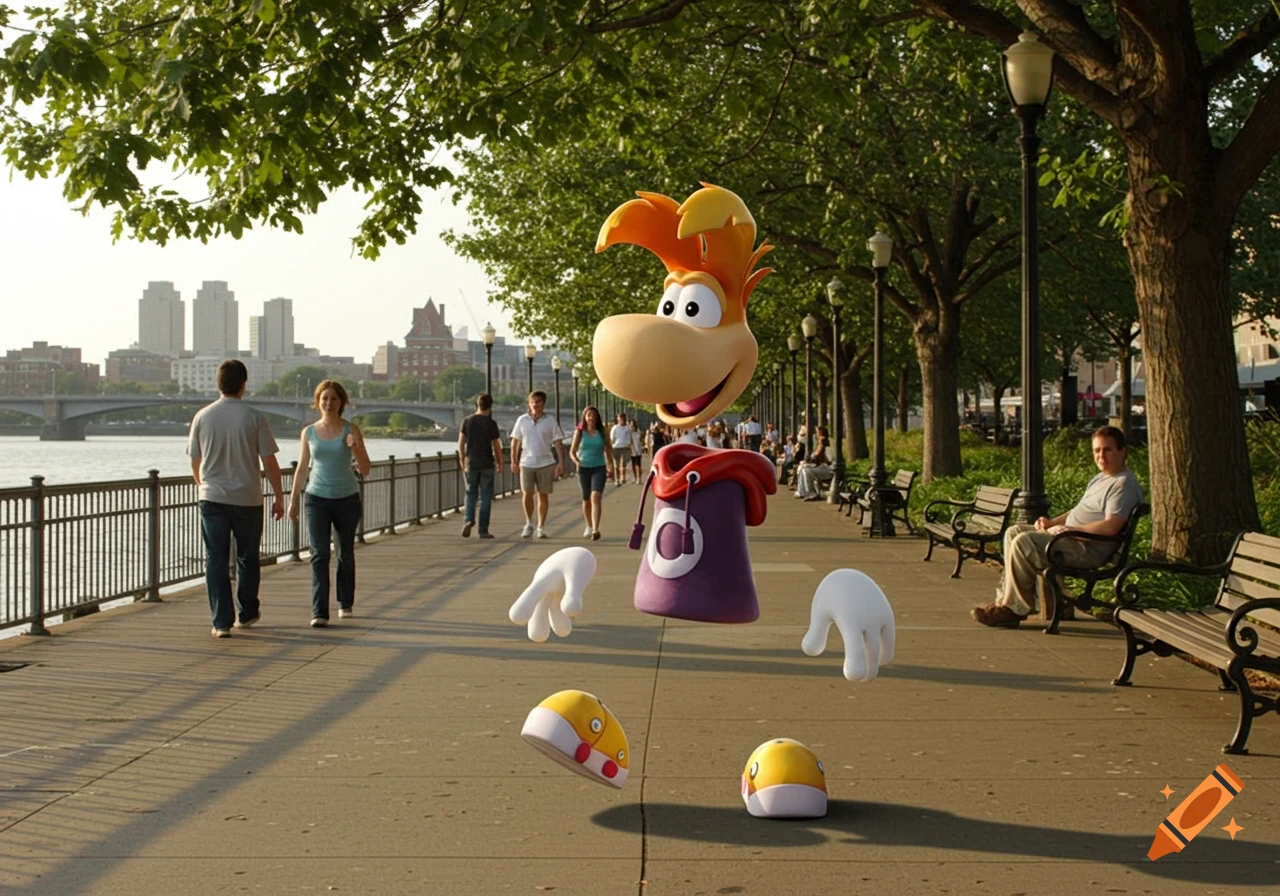 Rayman character floats above a sunny park path by a river, with people walking and a city skyline in the background.
