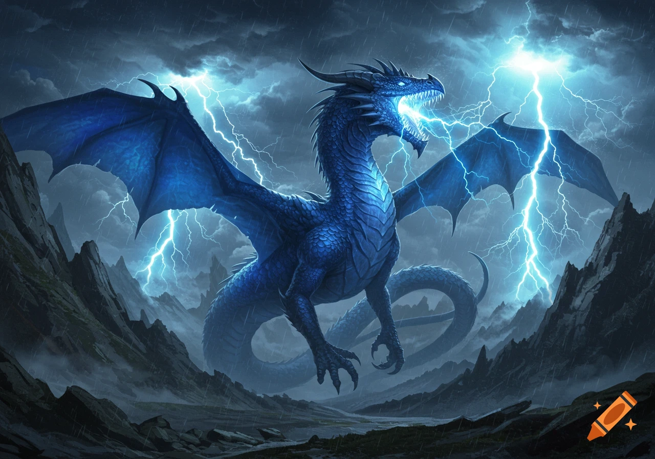 A majestic blue dragon roars amidst a stormy, mountainous landscape, surrounded by lightning and with lightning emanating from its mouth.