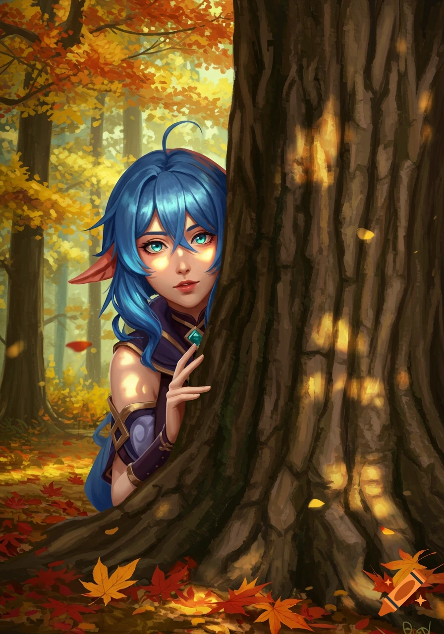 An anime character with blue hair and elf-like ears peeks from behind a tree in an autumn forest, leaves covering the ground.