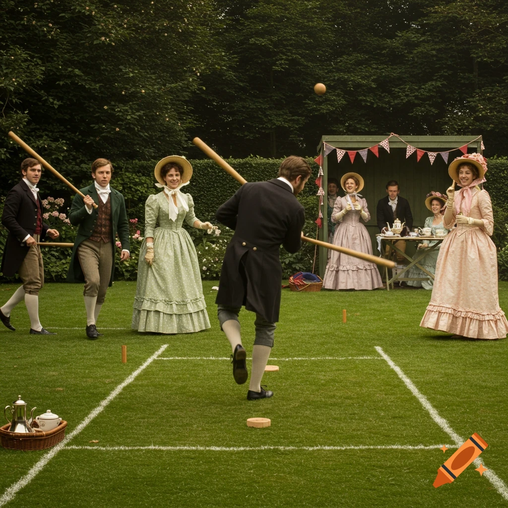 Photorealistic image of aristocrats in period attire playing a bat-and-ball game in a lush garden.