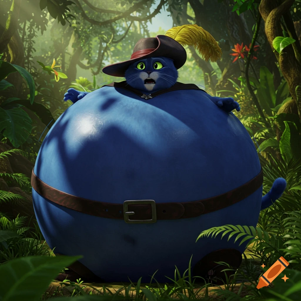 A surprised, blue, spherical Puss in Boots, wearing a hat and belt, stands inflated like a blueberry in a lush jungle.