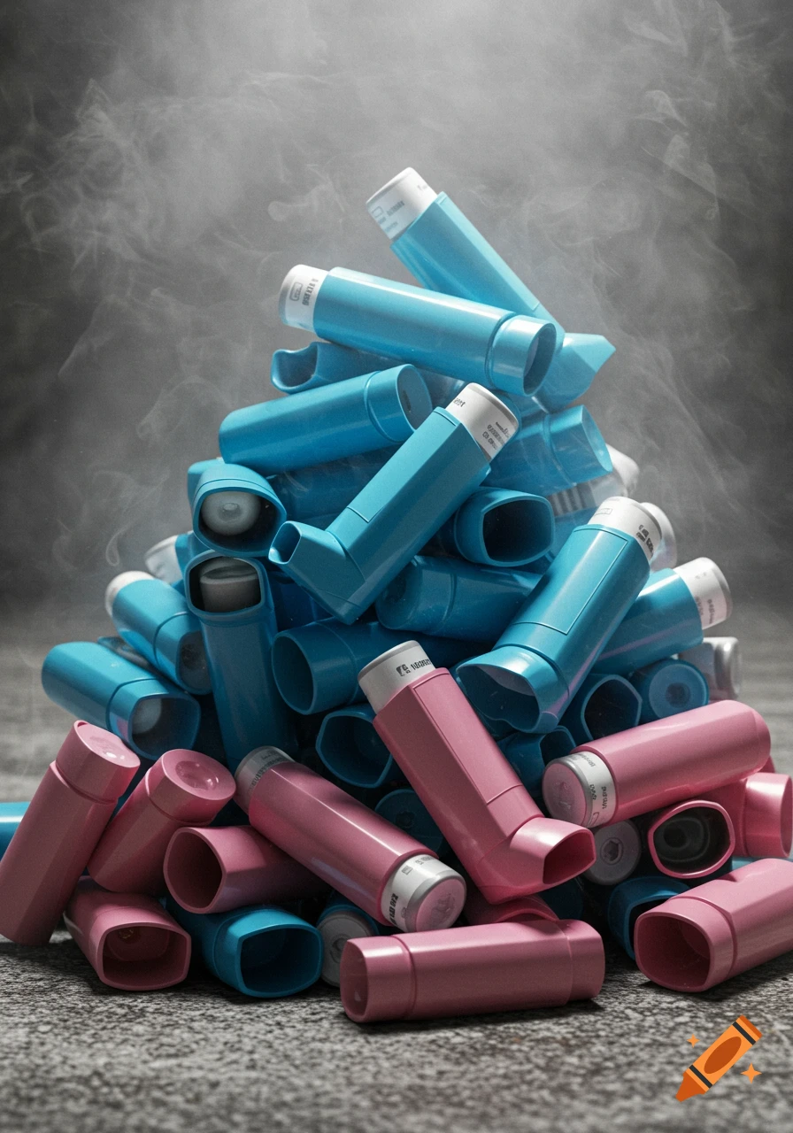 A large pile of blue and pink asthma inhalers against a smoky gray background, photorealistic style.