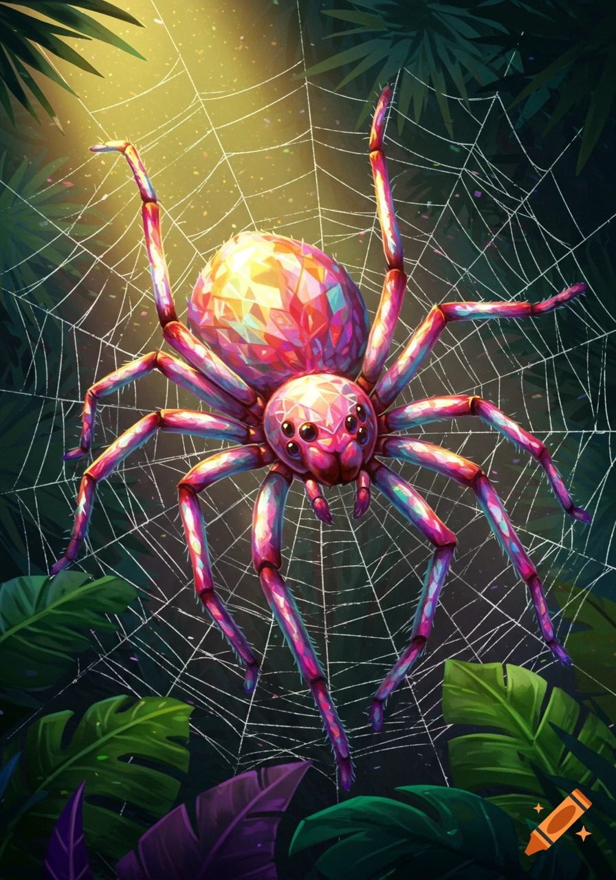 A vibrant, faceted gemstone spider with pink and blue hues sits on a web in a lush jungle.