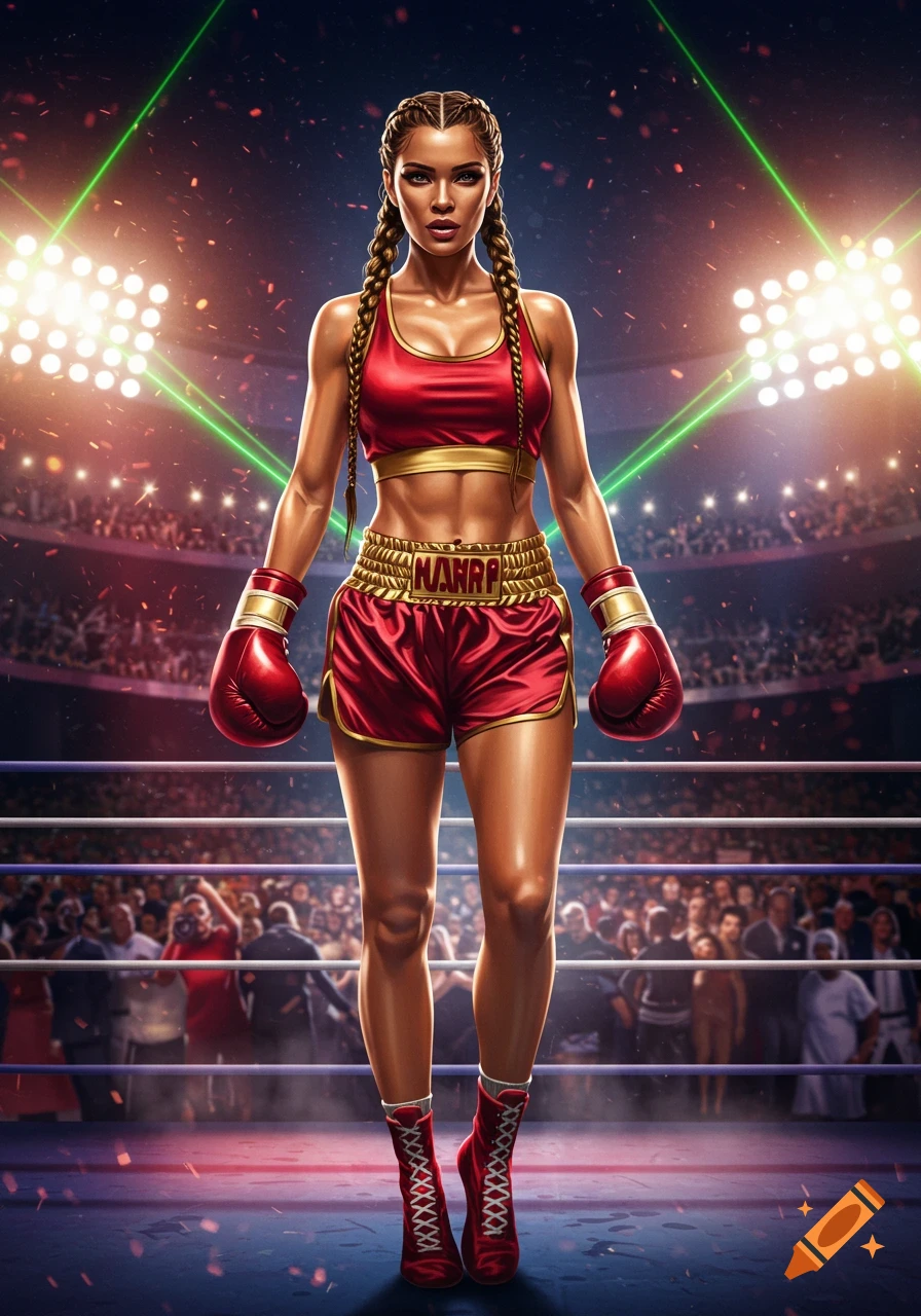 A strong female boxer with braided hair, wearing red and gold athletic gear and boxing gloves, stands in a brightly lit boxing ring with a crowd.