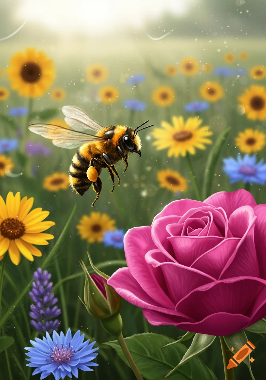 A striped bee with pollen sacs flies over a vibrant flower field with a pink rose, yellow sunflowers, and blue flowers.