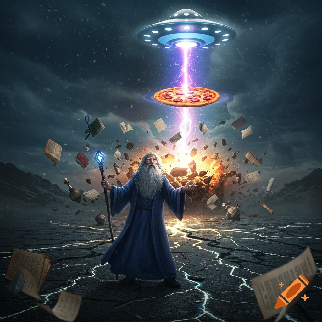 A wizard in a blue robe stands on cracked earth as a UFO beams a pepperoni pizza into the sky, amidst an explosion and flying debris.