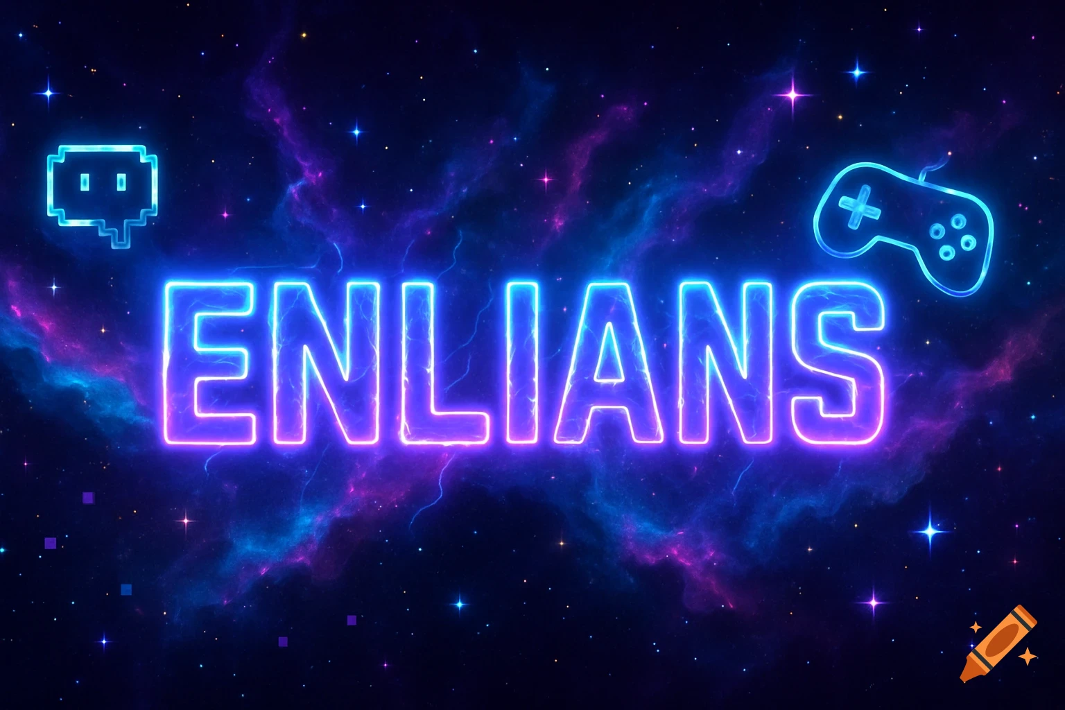 Neon sign with 'ENLIANS', a pixelated Discord logo, and a game controller against a starry nebula background.