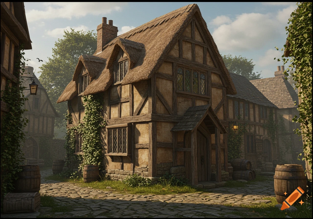 A photorealistic depiction of a 14th-century medieval house with a thatched roof, timber frame, and climbing ivy, in a cobblestone village street.