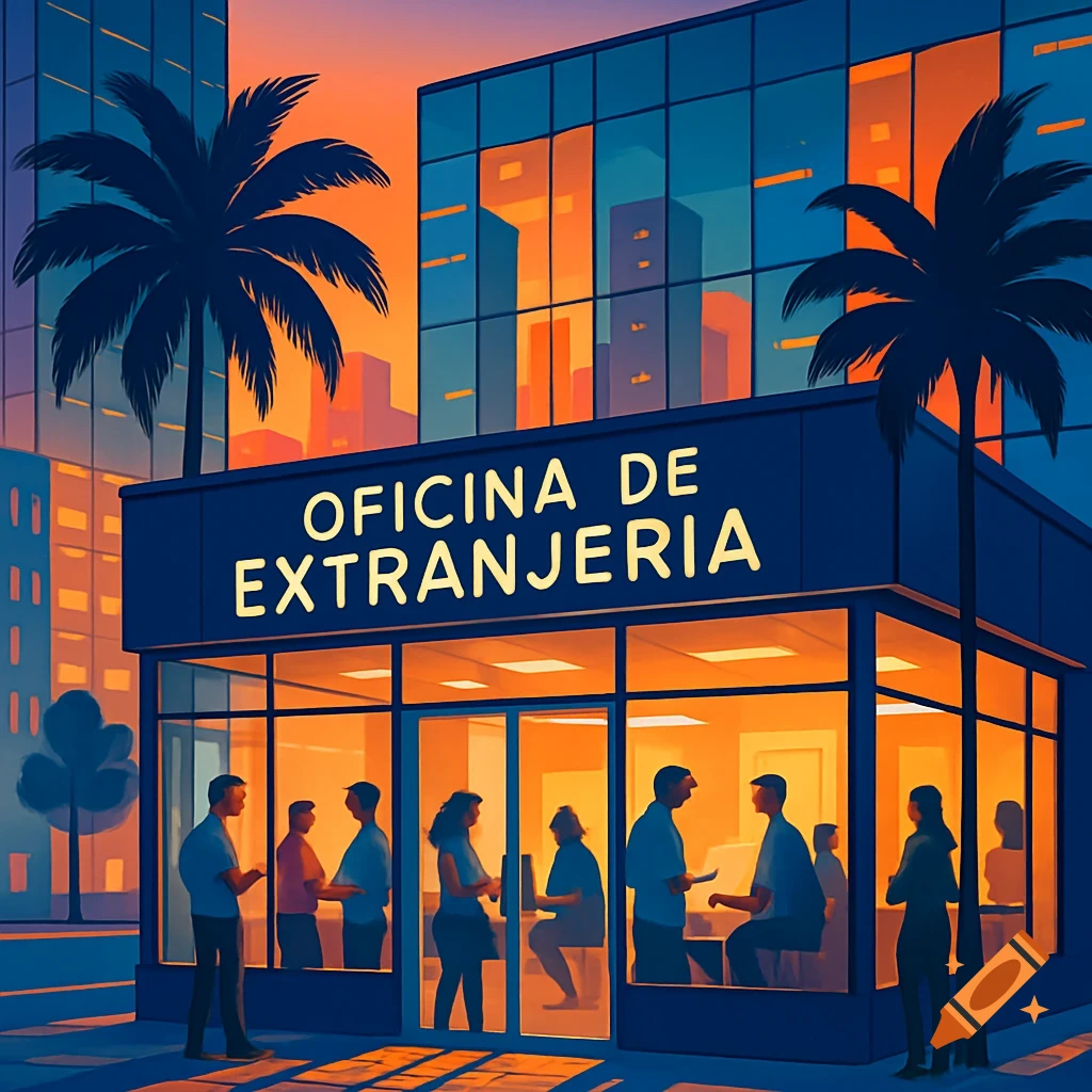 Stylized illustration of an 'Oficina de Extranjeria' building, with people inside, palm trees, and a sunset cityscape.