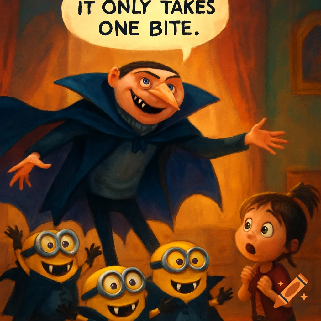 Gru dressed as a friendly vampire with a blue cape, surrounded by three minion vampires, surprising a shocked little girl named Agnes. A speech bubble above Gru says, "IT ONLY TAKES ONE BITE."