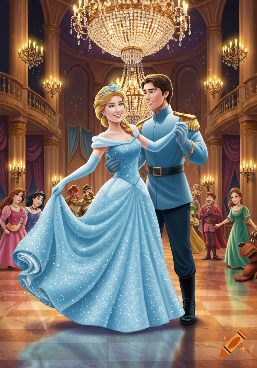 A fairytale princess in a sparkling blue ball gown dances with a handsome prince in a grand ballroom, surrounded by other animated characters.