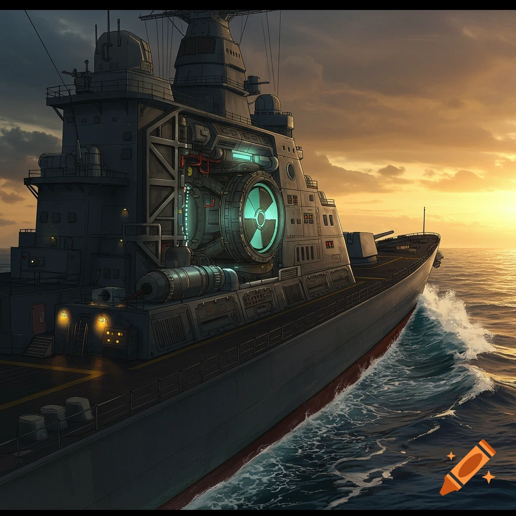 A stylized warship with an exposed, glowing nuclear reactor room on its stern, sailing on open water under a dramatic sunset sky.