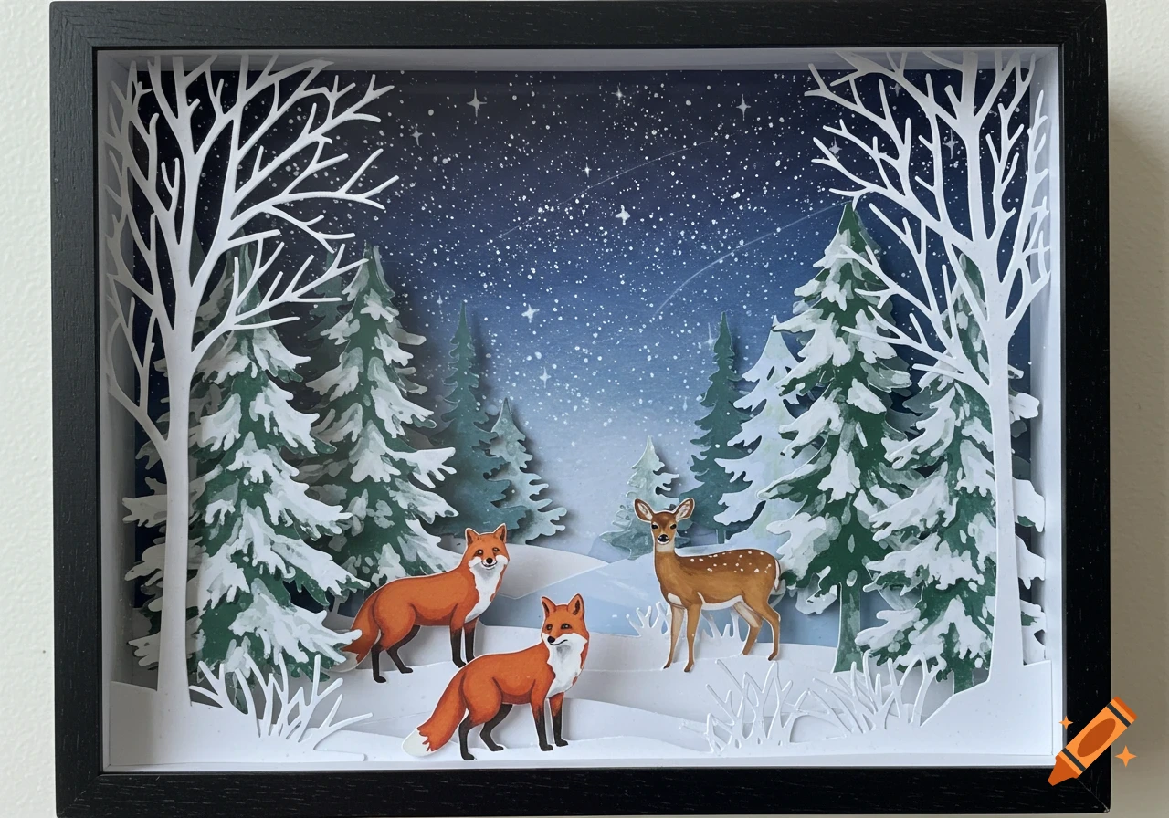 A detailed paper shadow box diorama depicting a snowy winter forest scene with two red foxes and a deer under a starry night sky.