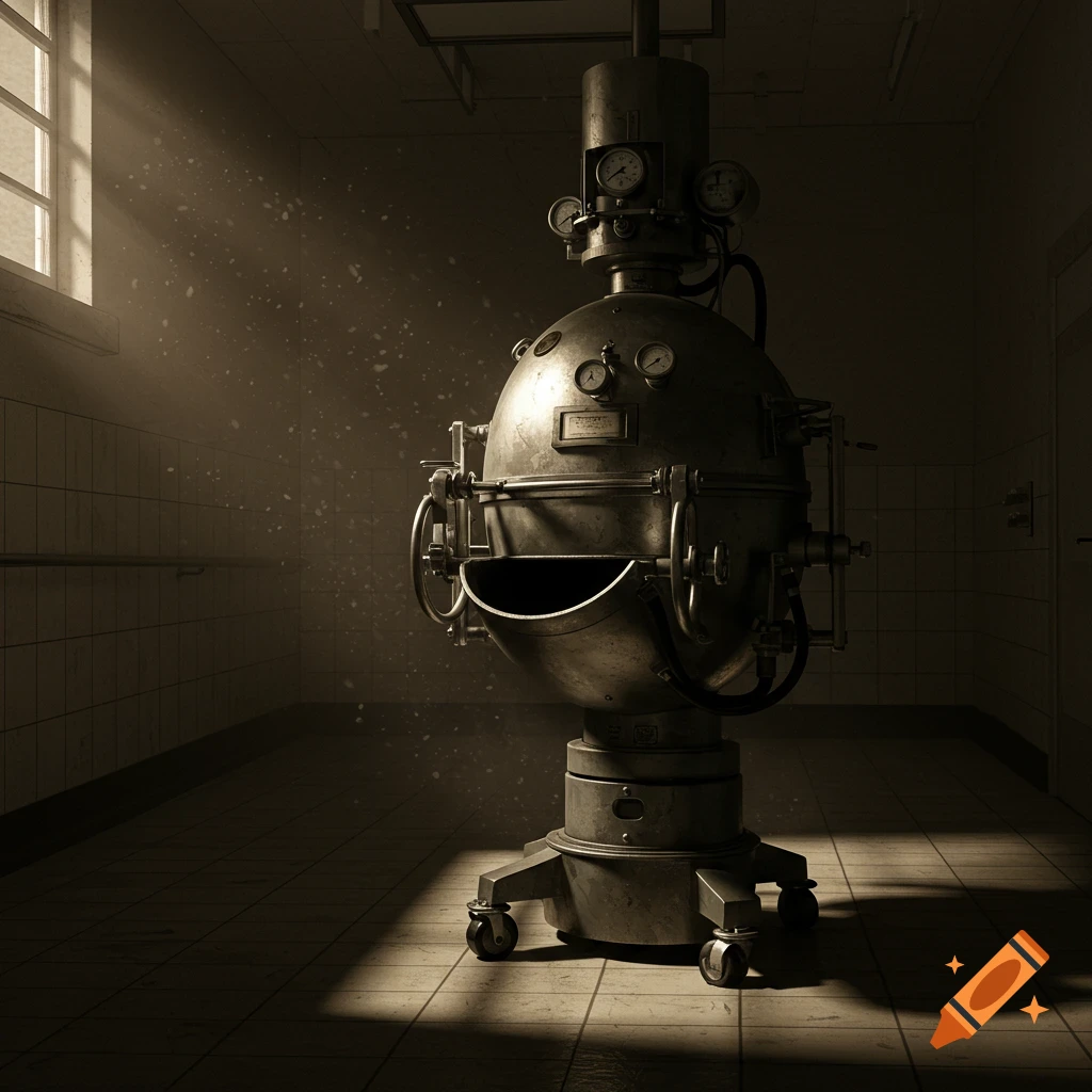 An old, spherical iron lung machine stands in a dimly lit, tiled room with a sunbeam highlighting dust motes.