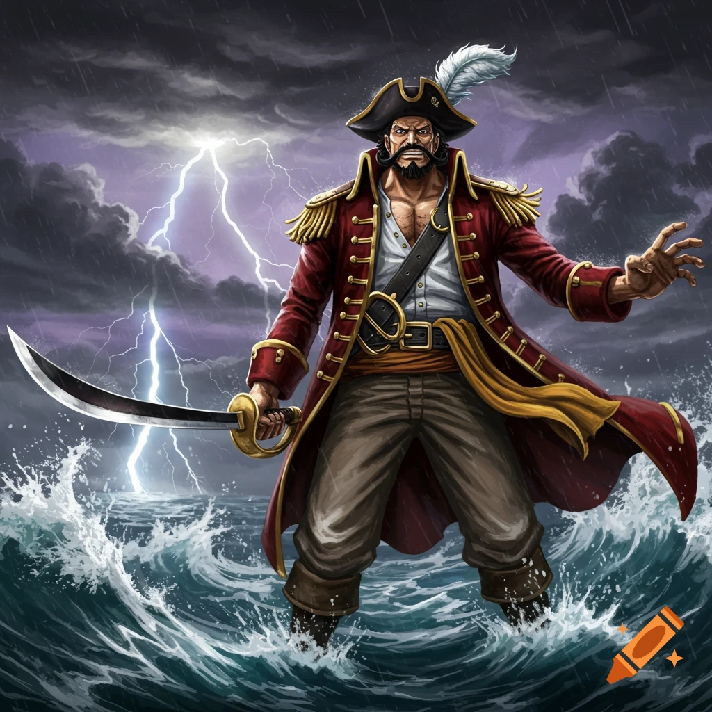 A stern pirate captain in a red coat and feathered hat stands in a stormy sea, holding a saber, with lightning striking behind him.