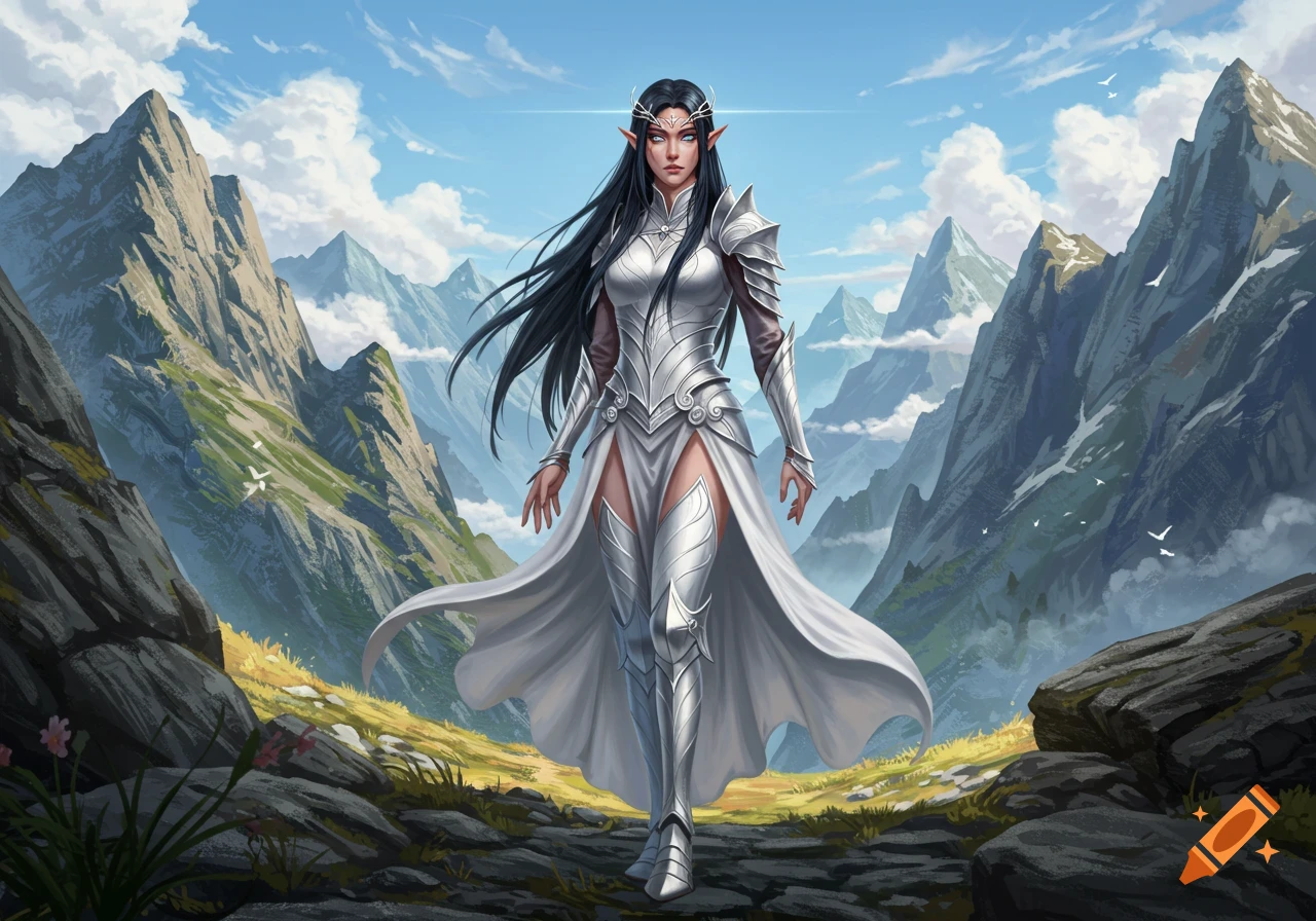 A fantasy illustration of a dark-haired elven woman in white armor and dress, standing in a vast mountainous landscape.