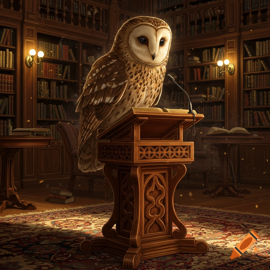 A wise-looking barn owl stands at a wooden podium with a microphone and an open book in a grand, dimly lit library.