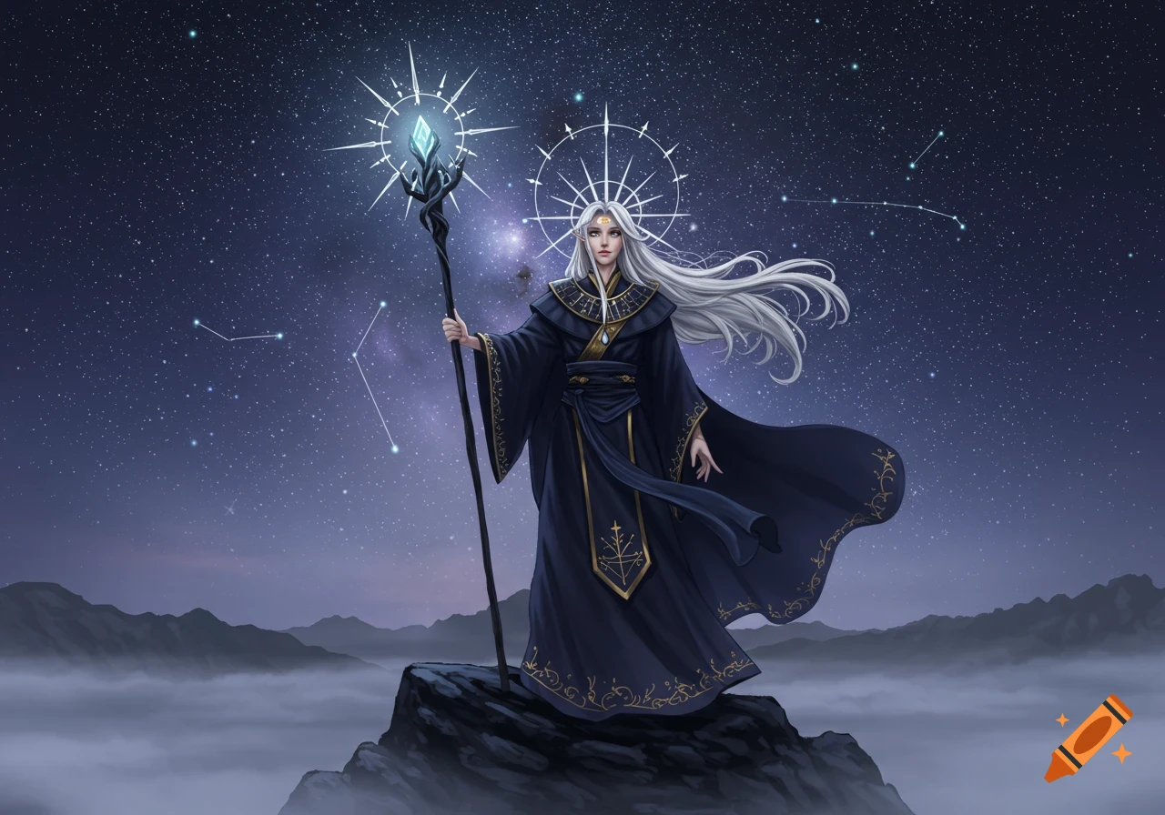 A white-haired female sorceress in a dark robe holds a glowing staff on a mountaintop under a starry night sky, digital art.