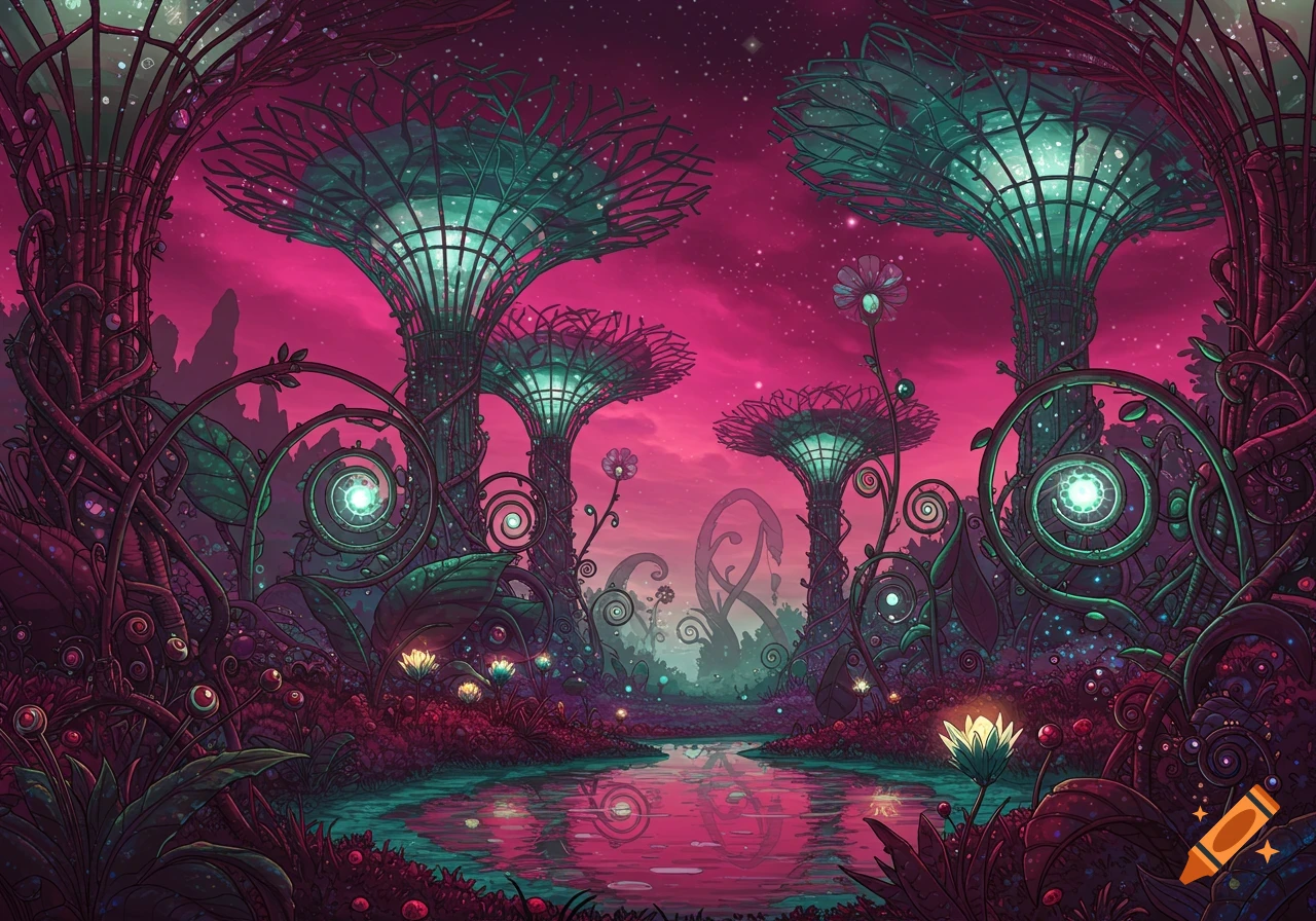 A vibrant, illustrative fantasy landscape with glowing teal mushroom-like trees, a reflective river, and a starry pink-purple sky.